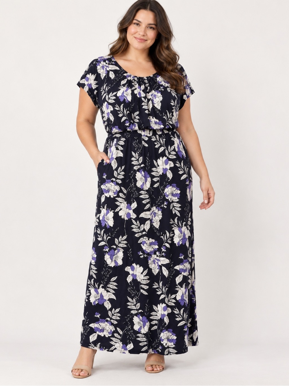 Lane Bryant Black Maxi Dress with Purple and White Floral Design